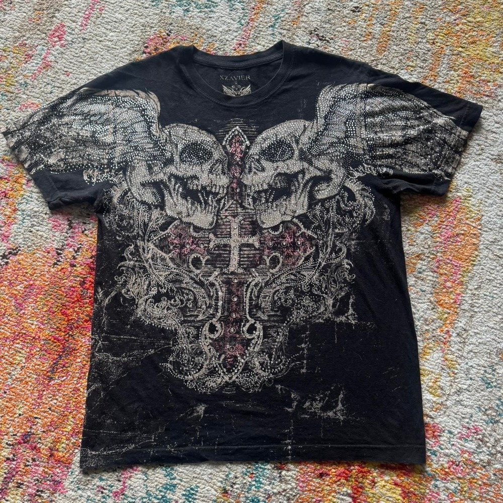 Rare Jesse pinkman XZAVIER Y2K Grunge Rhinestone Skulls Cross Wings Tee Shirt M